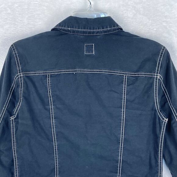 VTG Y2K Gap Cropped Denim Trucker Jacket Womens S Stretch Black White Stitch - Picture 6 of 11